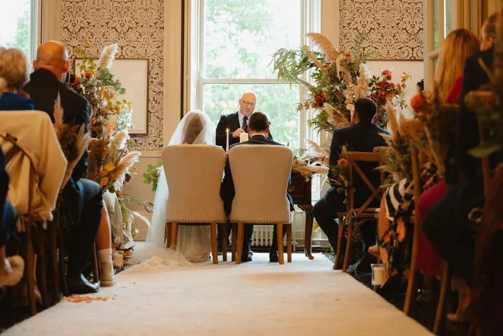 A wide view of Aine and John’s ceremony with their guests.