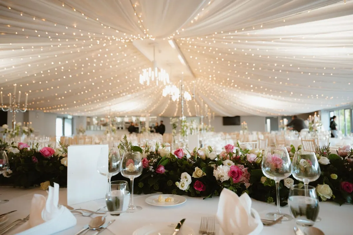 Reception room decor at Killeavy Castle wedding in Co. Armagh