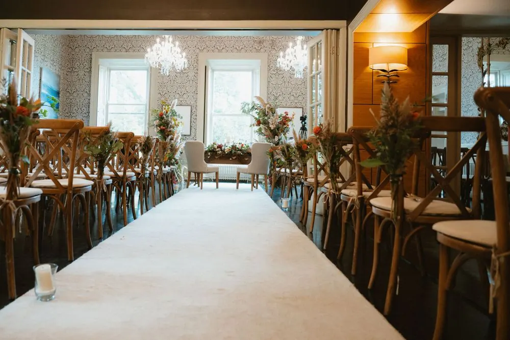 The indoor ceremony room prepared for Aine and John’s wedding.