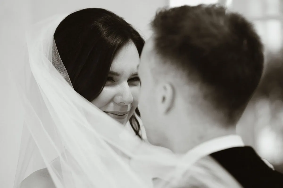 Intimate black-and-white portrait of a bride and groom at Rathsallagh House.