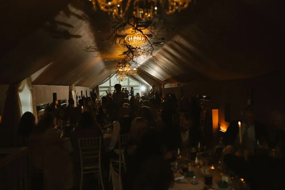 Elegant wedding reception with chandelier lighting and guests celebrating at Boyne Hill House Estate.