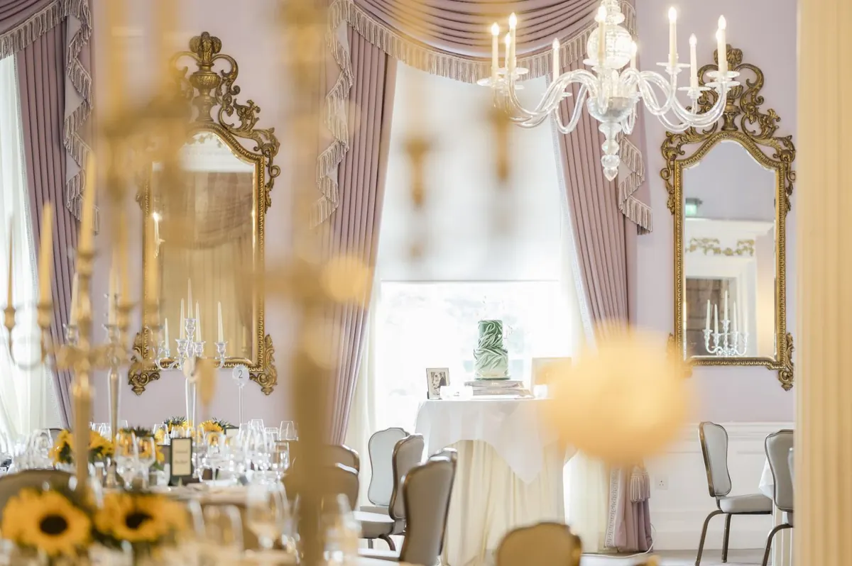 The reception tables and chandeliers at The Shelbourne.