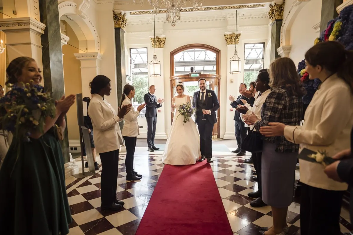Carole and Stephen arriving inside The Shelbourne.