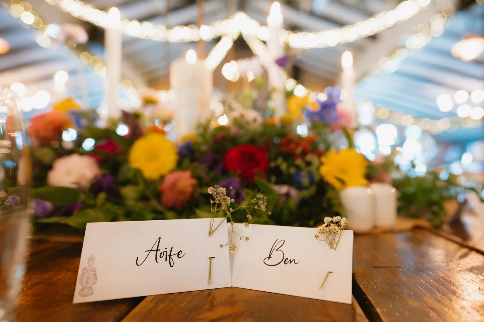 Aoife and Ben place cards among flowers