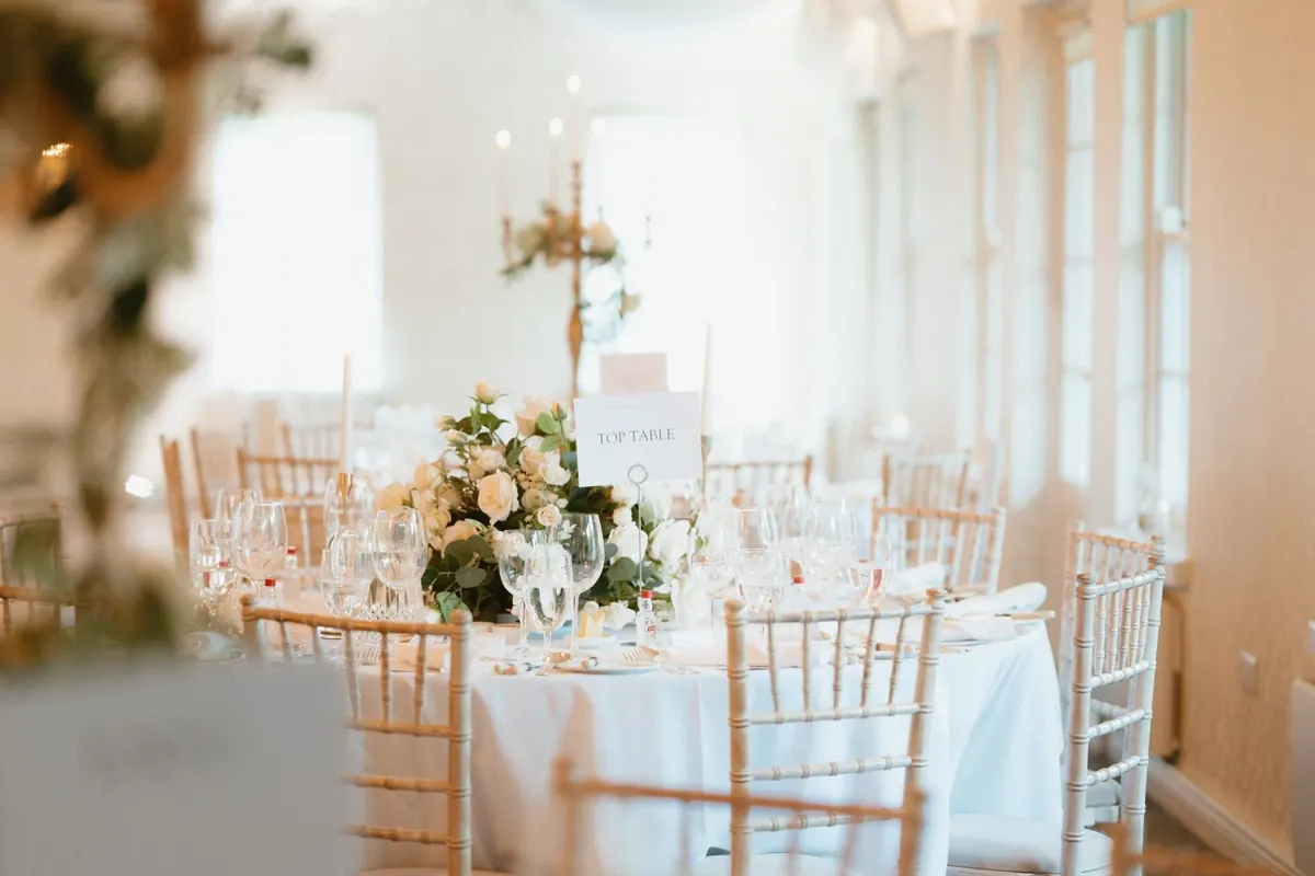 Reception tables and floral decorations at Rathsallagh House.