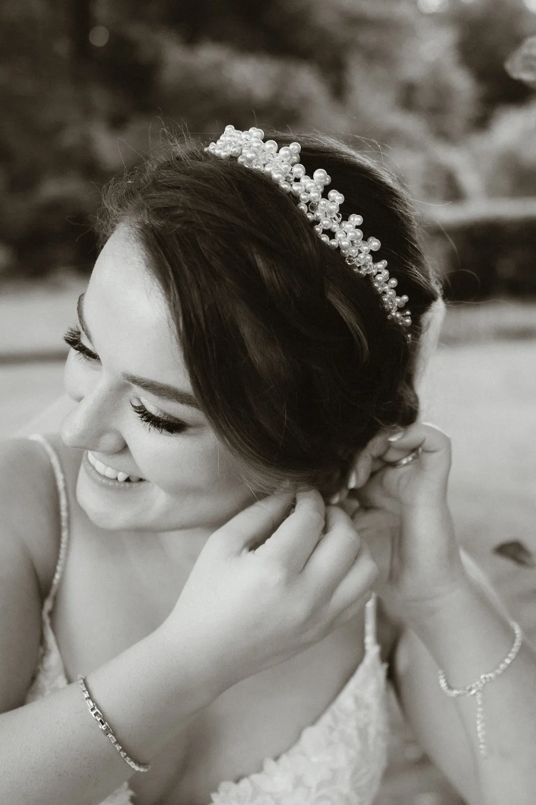 Close black-and-white portrait of Claire