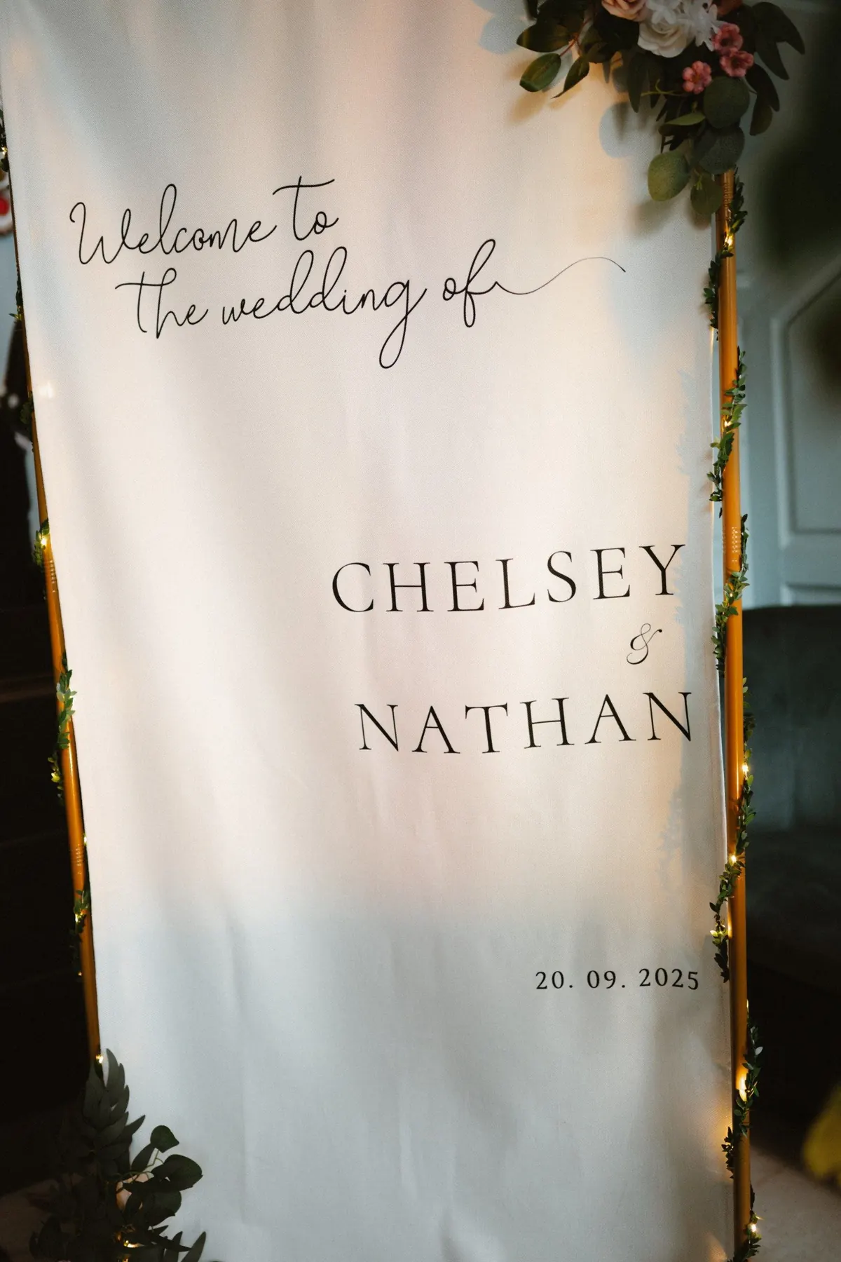 Welcome sign with Chelsey and Nathan’s names