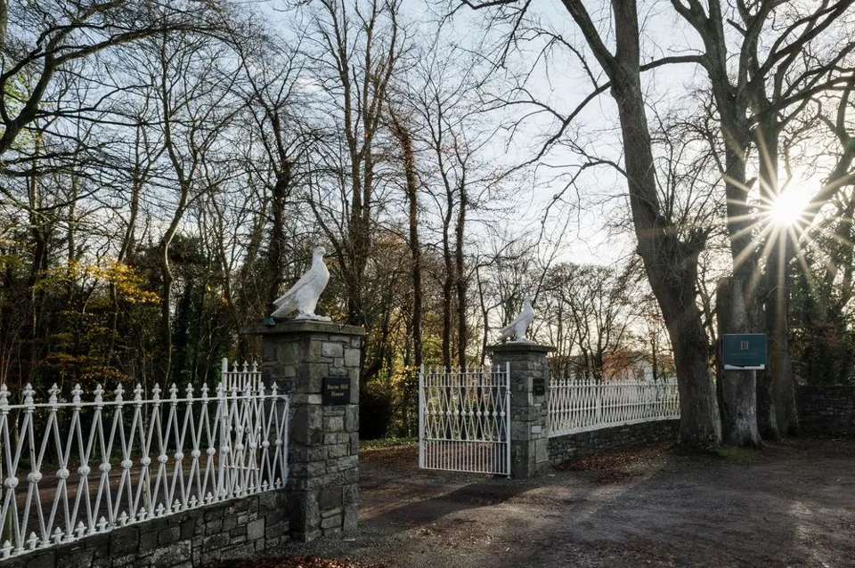 White iron gate entrance with stone pillars leading to a tree-lined driveway leading to a wedding in Boyne Hill House Estate