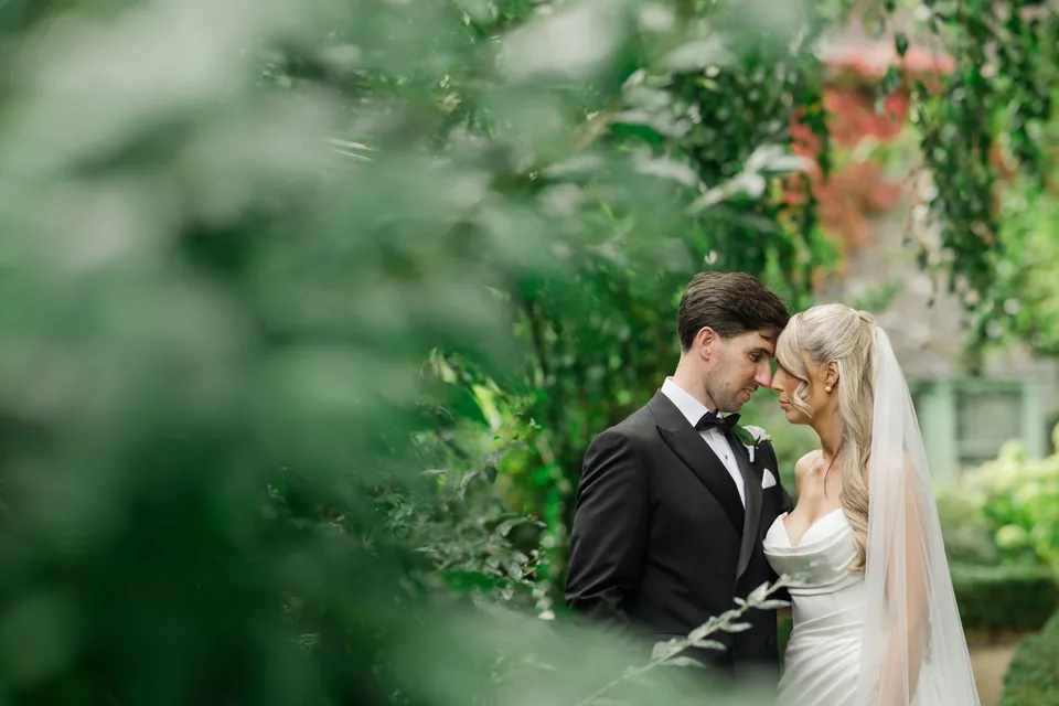 Soft leaves frame an intimate garden kiss.