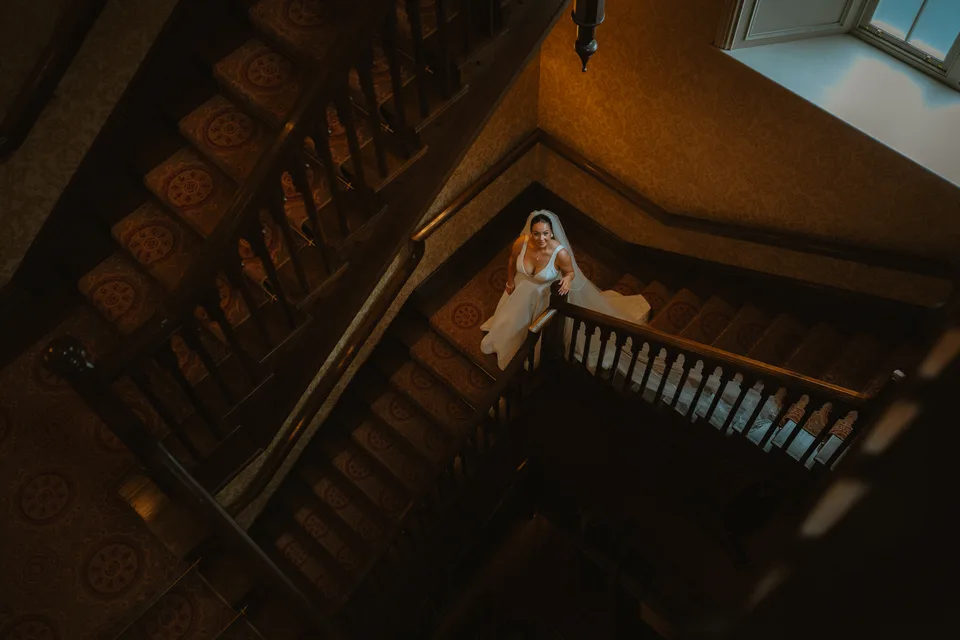 Lynsey on the castle staircase, photographed from above.