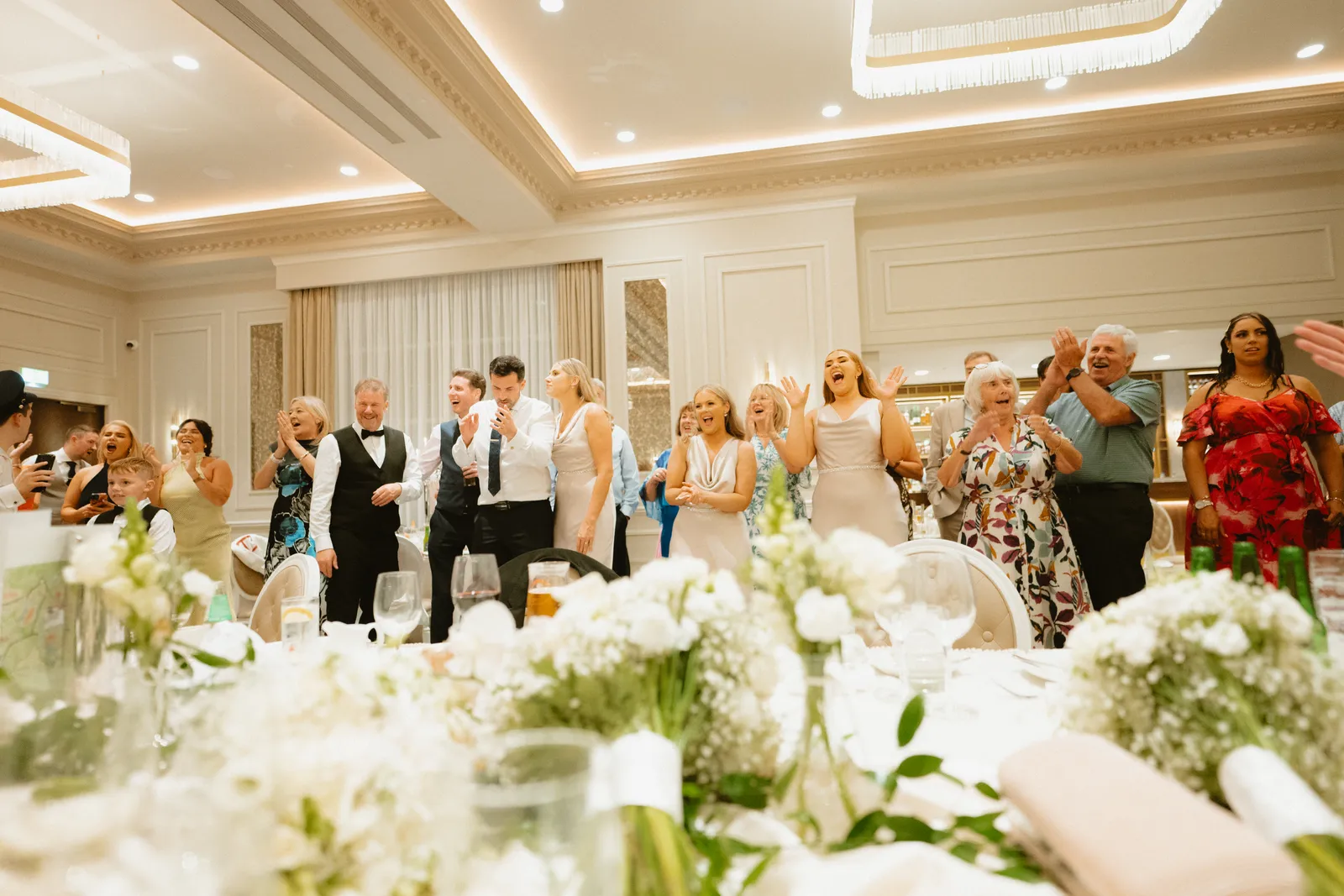 Wide view across the decorated tables