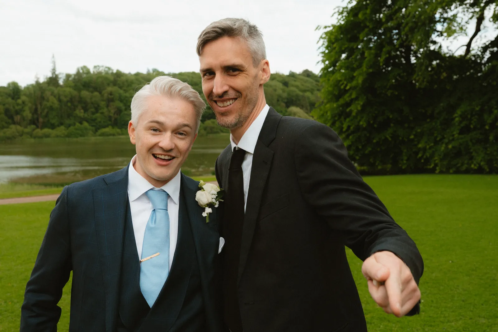 Jack laughing with a guest outside