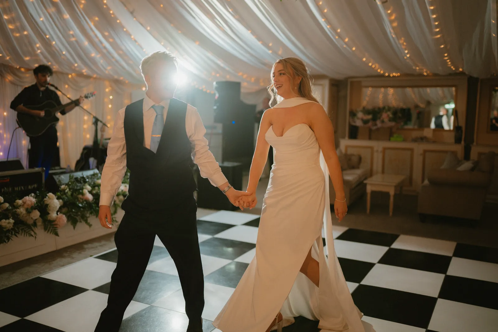 Roslyn and Jack on the black-and-white dance floor