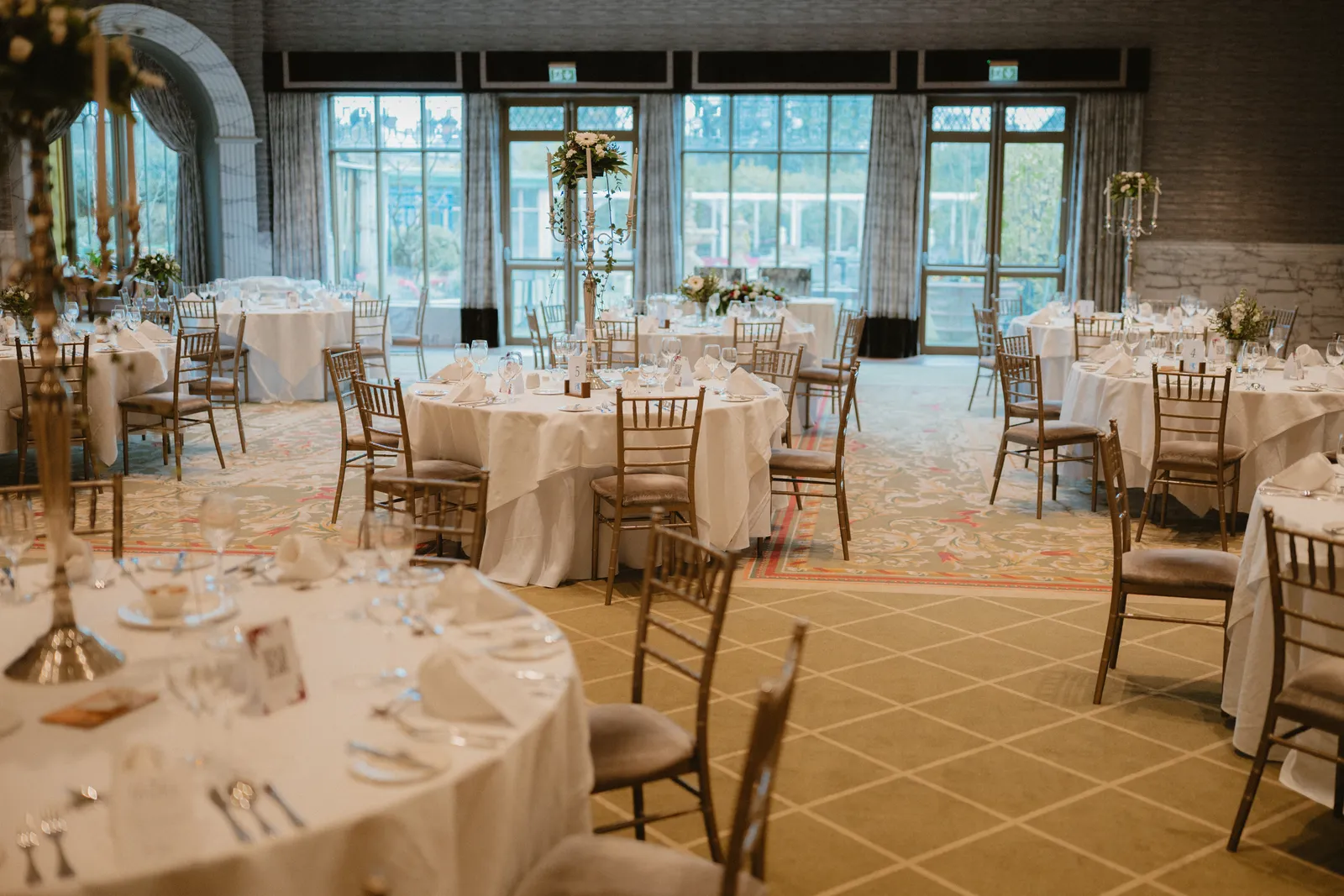 Tables laid out in the bright reception room