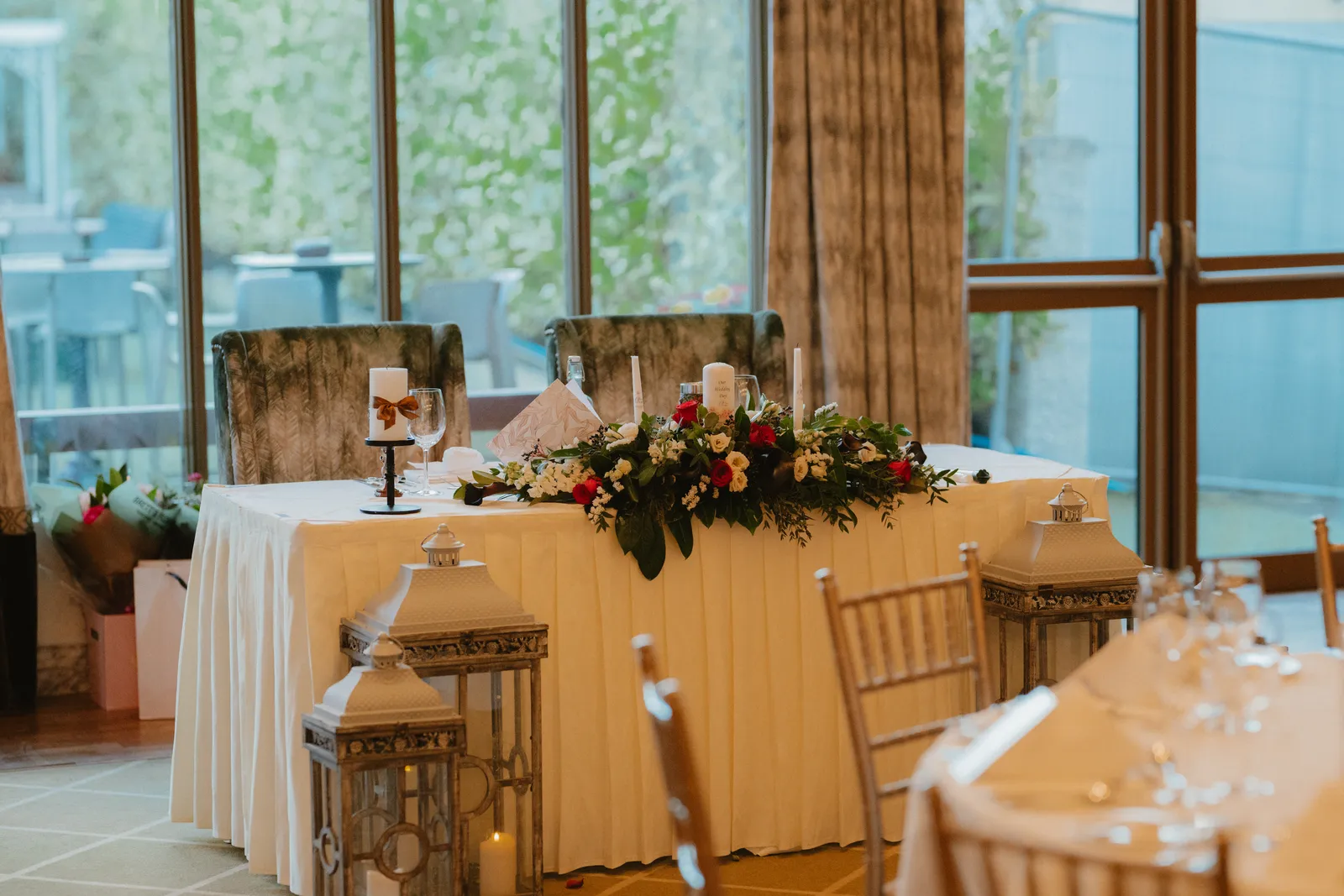 Flowers arranged across the top table